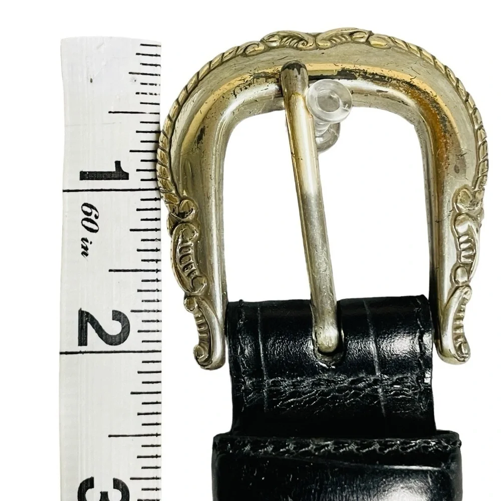 Fossil Black Croco Embossed Cowhide Belt Scrolled Silver Tone Accents/Buckle - L
